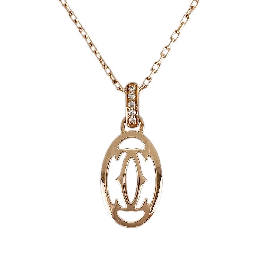 CARTIER LOGO DOUBLE C ROSE GOLD DIAMOND NECKLACE: Cartier Logo double C Rose gold diamond Necklace Brand: Cartier Type: Necklace Material: 18K Rose Gold diamond Main Stone Natural Color: Gold Size: W9.3mm×H17.2mm Necklace full length:40.5cm 