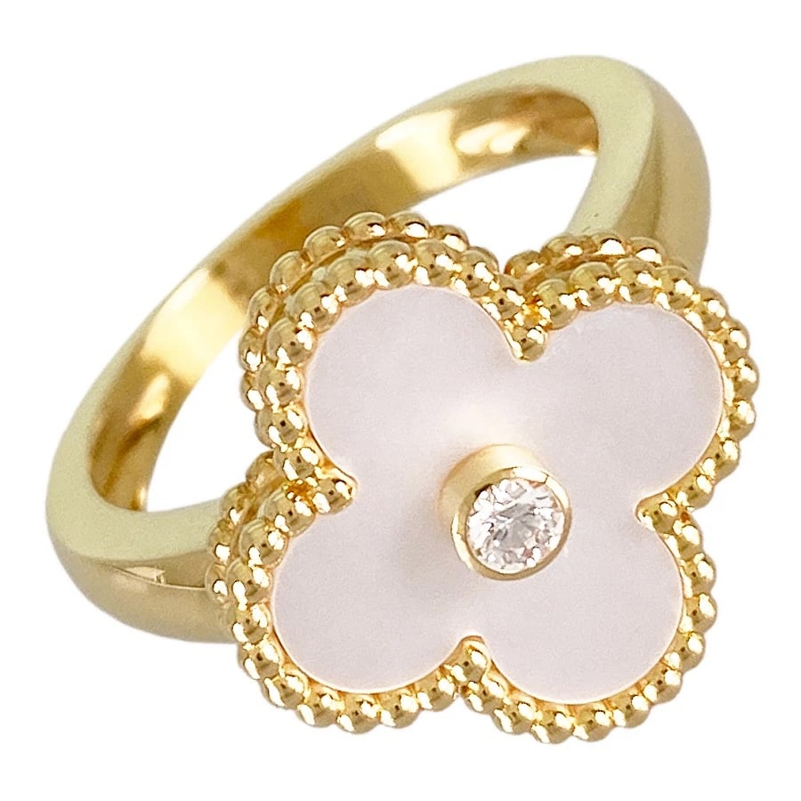 VAN CLEEF & ARPELS VINTAGE ALHAMBRA YELLOW GOLD SHELL DIAMOND RING: Van Cleef & Arpels Vintage Alhambra Yellow gold Shell Diamond Ring Brand: Van Cleef & Arpels Type: Ring Material: 18K Yellow Gold Color: Gold Size: US:6.5 Accessories: None Accessories Not