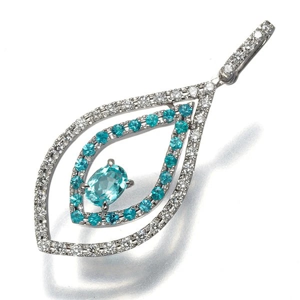 TASAKI PENDANT PARAIBA TOURMALINE DIAMOND: TASAKI Pendant Paraiba Tourmaline Diamond Brand: TASAKI Type: Pendant Material: 900 / Platinum Main Stone Paraiba Tourmaline Color: Platinum Size: Design size: 32.1 x 13.7mm Bail inner