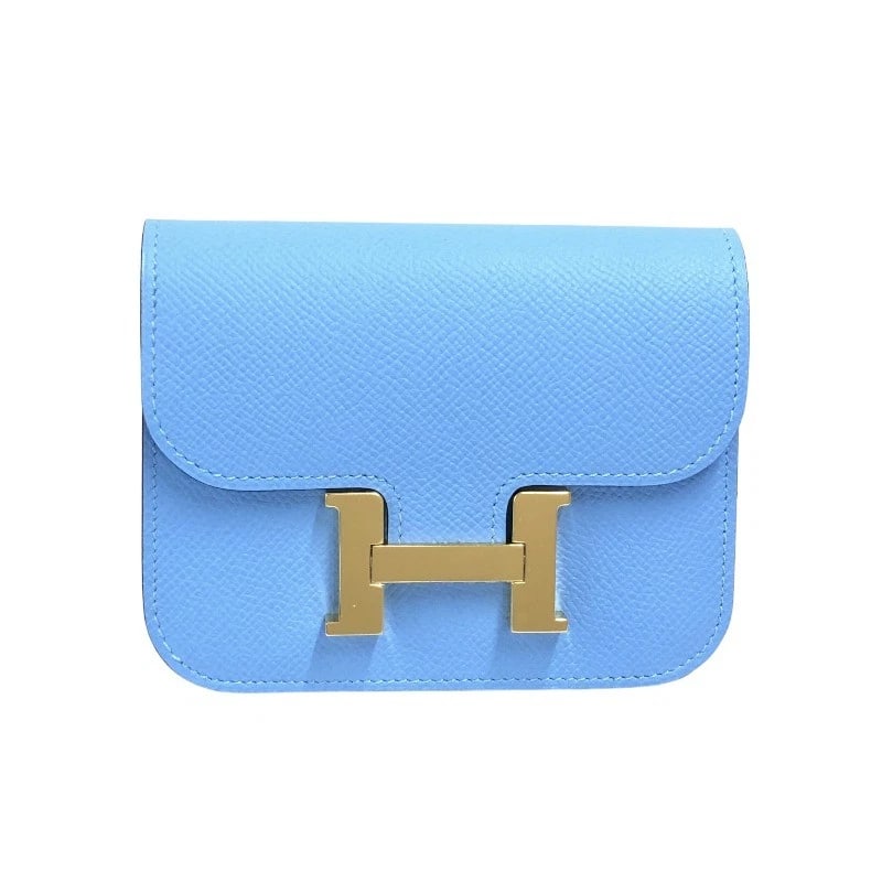HERMES CONSTANCE SLIM WALLET: HERMES Constance Slim wallet Brand: HERMES Type: wallet Material: Epsom Color: Celeste Gold Hardware Size: W4.9 x H3.5x D0.8inch Accessories: None Accessories Notice: When purchasing pre-o