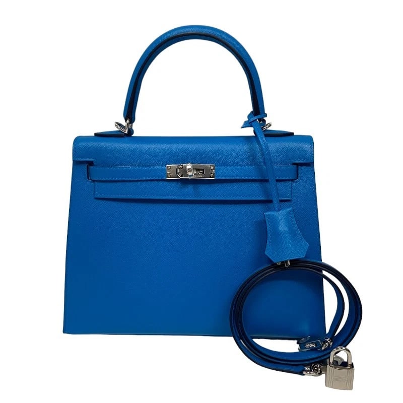 HERMES KELLY 25 OUTER STITCH VERSO HANDBAG: HERMES Kelly 25 Outer Stitch Verso Handbag Brand: HERMES Type: Handbag Material: Madam Color: Blue Frida x Blue Brighton SilverHardware Size: W9.8 x H7.5x D3.7inch Shoulder:36.8inch Accessories: