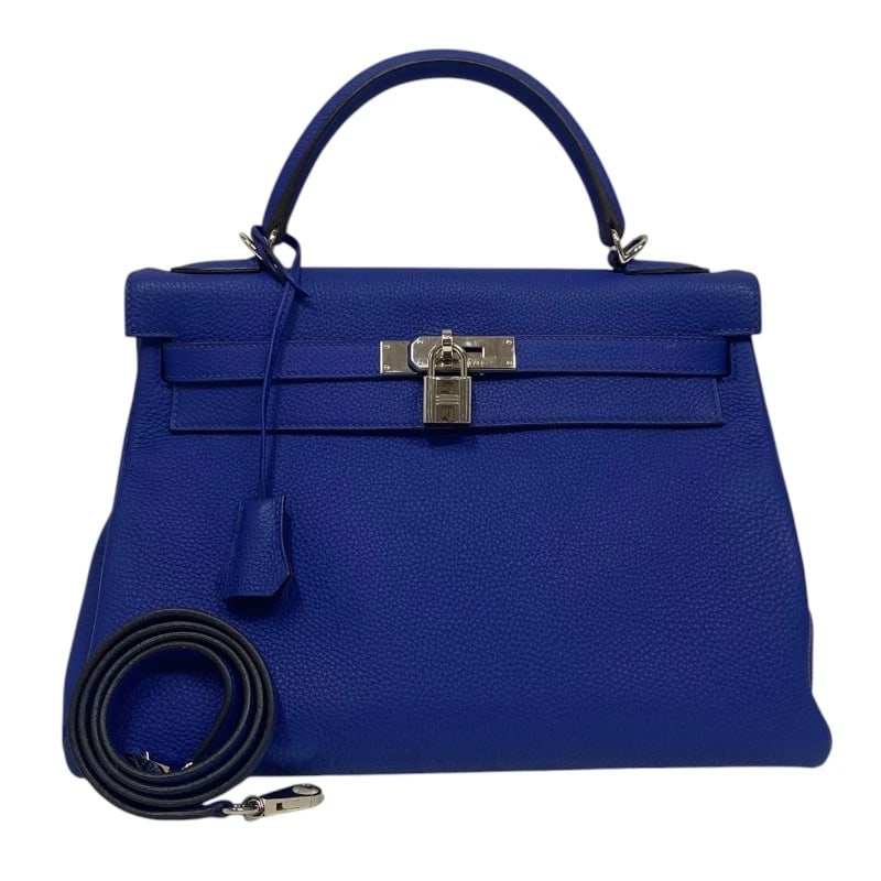 HERMES KELLY 32 INTERNAL SEWING HANDBAG: HERMES Kelly 32 internal sewing Handbag Brand: HERMES Type: Handbag Material: Taurillon Clemence Color: Blue Electric SilverHardware Size: W12.6 x H8.3x D4.9inch Shoulder:31.5inch Accessories: No
