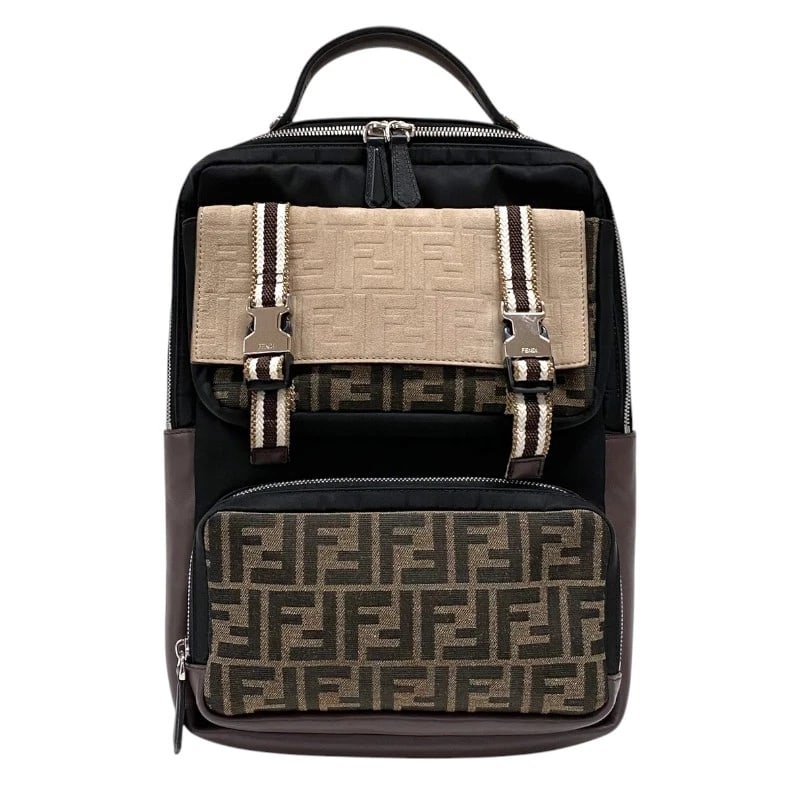 FENDI ZUCCA BACKPACK: FENDI Zucca Backpack Brand: FENDI Type: Backpack Â· Daypack Material: Nylon / leather Color: Black SilverHardware Size: W9.8 x H14.2x D1.8inch Accessories: None Accessories Notice: When pu
