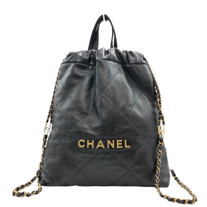 CHANEL CHAIN BACKPACK BACKPACK: CHANEL Chain backpack Backpack Brand: CHANEL Type: Backpack Â· Daypack Material: shiny calf Color: Black x Gold Hardware Size: W11.0 x H13.8x D3.1inch Accessories: None Accessories Notice: