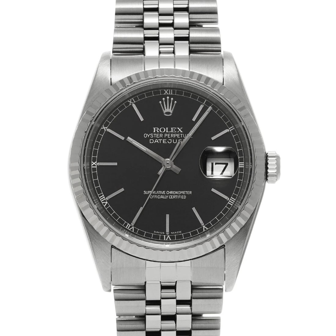 ROLEX DATEJUST BLACK WATCH: ROLEX Datejust black WATCH Brand: ROLEX Type: Wristwatch Material: Band Material Stainless steel, Case Material Stainless steel Color: Dial Color black Size: Case H/about 36mm W/about 36mm D/about