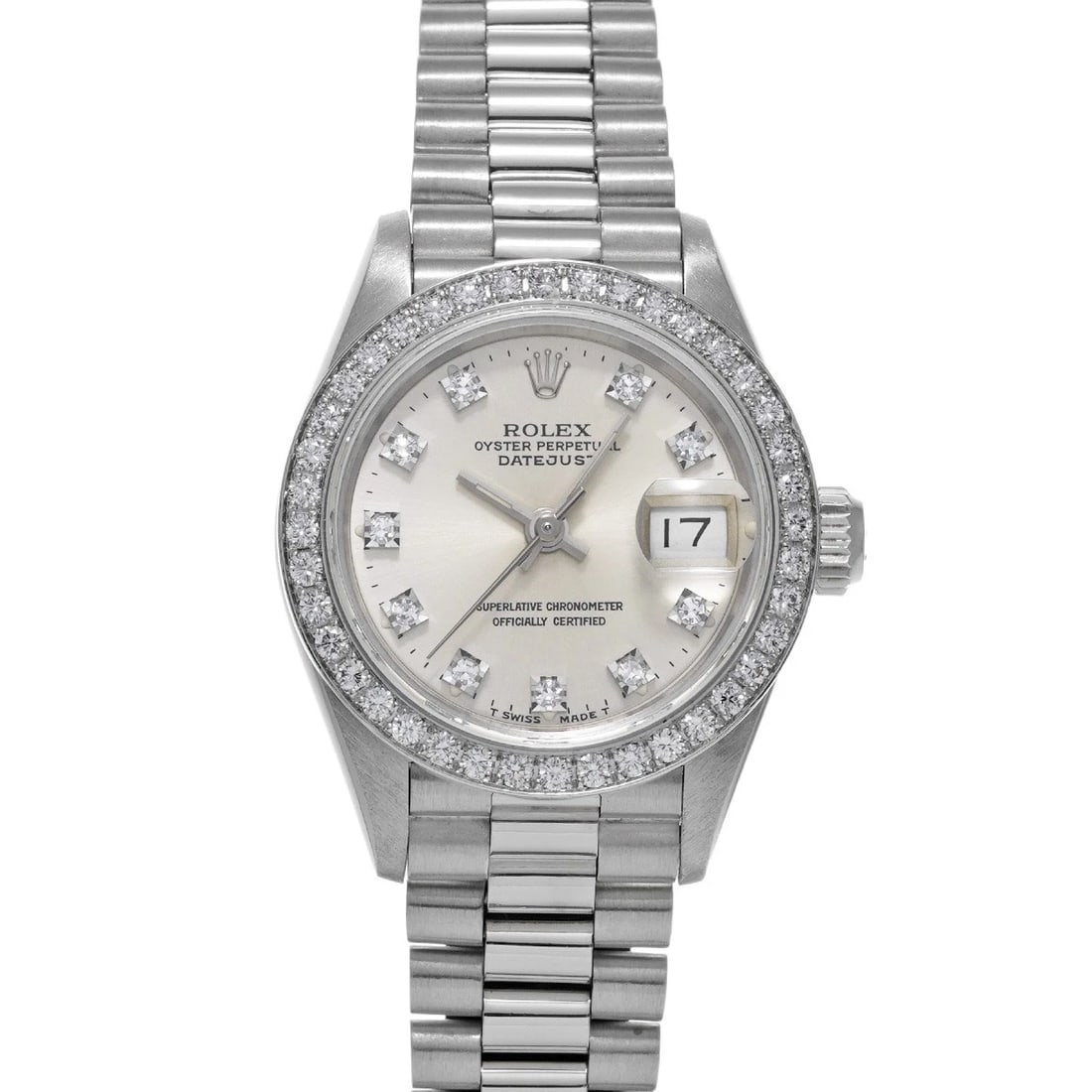 ROLEX DATEJUST SILVER DIAMOND WATCH: ROLEX Datejust Silver diamond WATCH Brand: ROLEX Type: Wristwatch Material: Band Material Platinum, Case Material Platinum Color: Dial Color Silver Size: Case H/about 26mm W/about 26mm D/about 10.