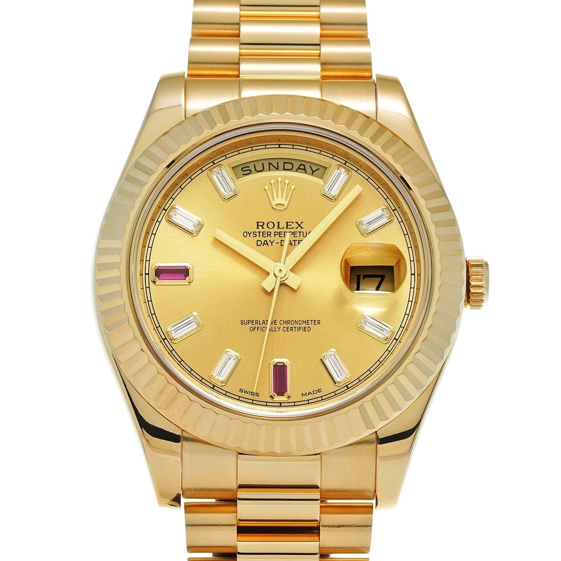 ROLEX DAY DATE CHAMPAGNE DIAMOND RUBY WATCH: ROLEX Day Date Champagne Diamond Ruby WATCH Brand: ROLEX Type: Wristwatch Material: Band Material Yellow Gold, Case Material Yellow Gold Color: Dial Color Champagne Size: Case H/about 41mm W/about