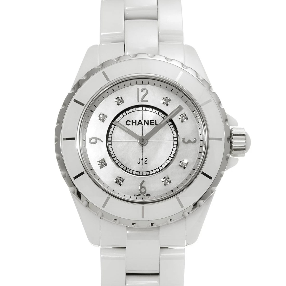 CHANEL J12 WHITE SHELL DIAMOND WATCH: CHANEL J12 White shell diamond WATCH Brand: CHANEL Type: Wristwatch Material: Band Material ceramic, Case Material ceramic Color: Dial Color White shell Size: Case H/about 38mm W/about 38mm
