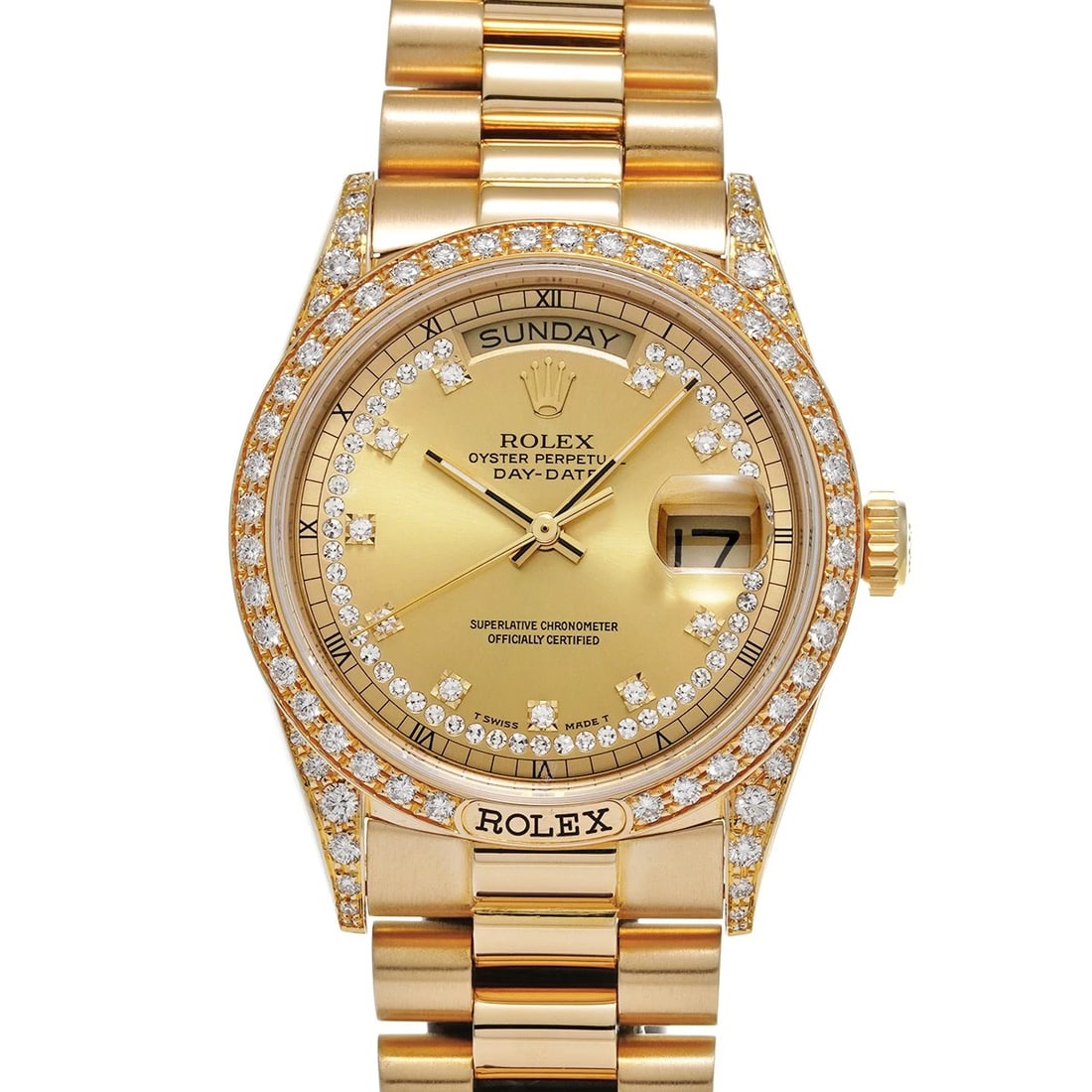 ROLEX DAY DATE CHAMPAGNE DIAMOND WATCH: ROLEX Day Date Champagne diamond WATCH Brand: ROLEX Type: Wristwatch Material: Band Material NONE, Case Material Yellow Gold Color: Dial Color Champagne Size: Case H/about 36mm W/about 36mm D/abou