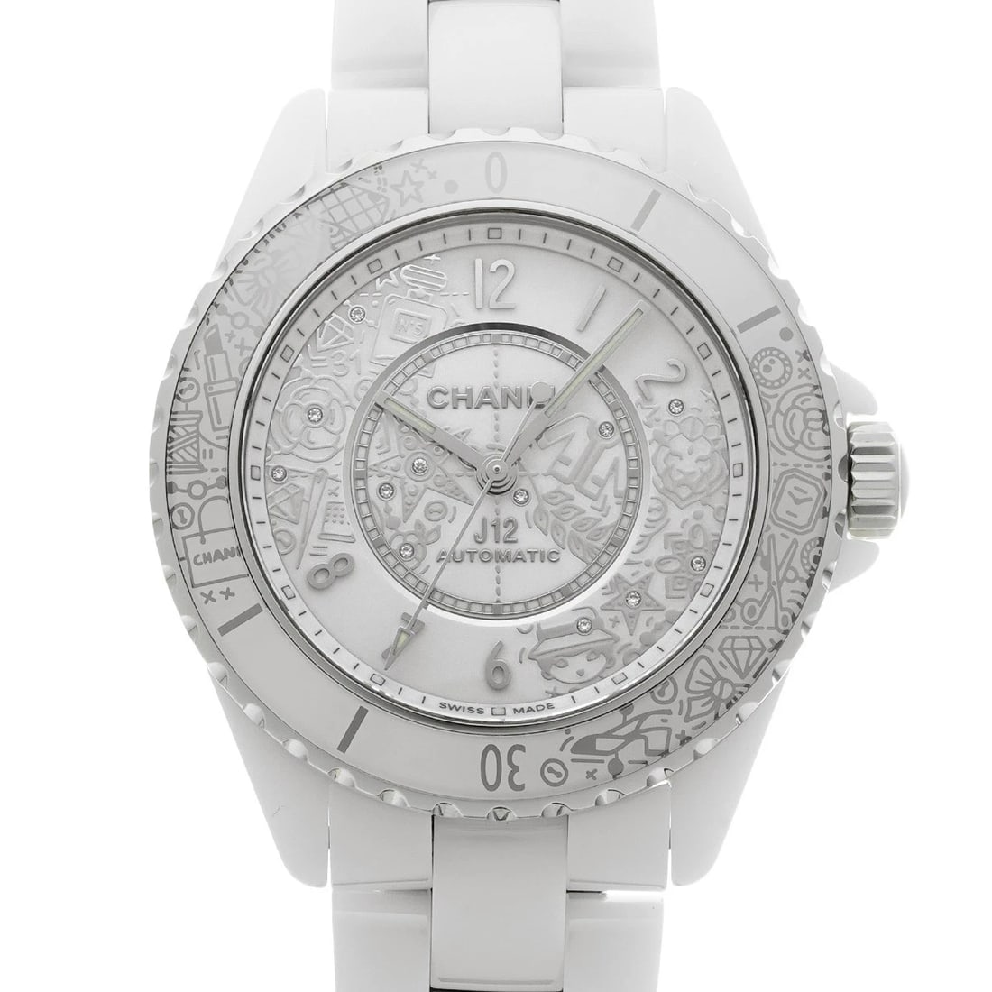 CHANEL J12 CALIBER WHITE DIAMOND WATCH: CHANEL J12 Caliber white diamond WATCH Brand: CHANEL Type: Wristwatch Material: Band Material ceramic, Case Material ceramic Color: Dial Color white Size: Case H/about 38mm W/about 38mm D/about 12