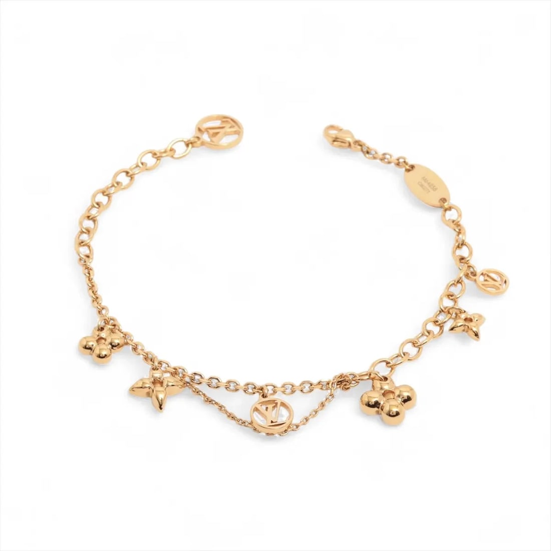 LOUIS VUITTON BLOOMING LV CIRCLE BRACELET GP GOLD: Louis Vuitton Blooming LV Circle Bracelet GP Gold Brand: Louis Vuitton Type: Bracelet Material: Gold Color: GP Size: Bracelet length:18 Accessories: None Accessories Notice: When purchasing