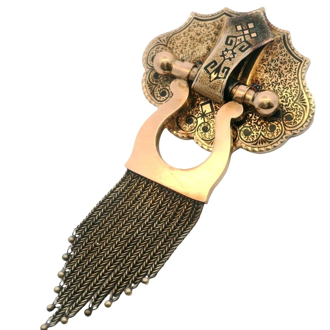 VICTORIAN 10KT GOLD TAILLE D’EPARGNÉ ENAMEL DOORKNOCKER TASSEL BROOCH (1 of 7)