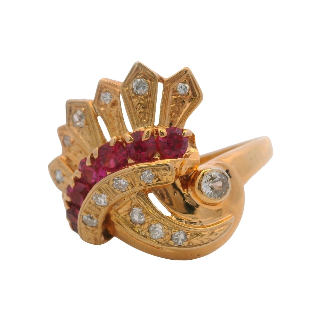 VINTAGE DIAMOND LAB RUBY CORNUCOPIA COCKTAIL RING: Vintage Diamond Lab Ruby Cornucopia Cocktail Ring Brand: Unbranded Type: Ring Material: Yellow Color: Yellow Gold 14k Size: 10 US Accessories: None Accessories Notice: When purchasing pre-