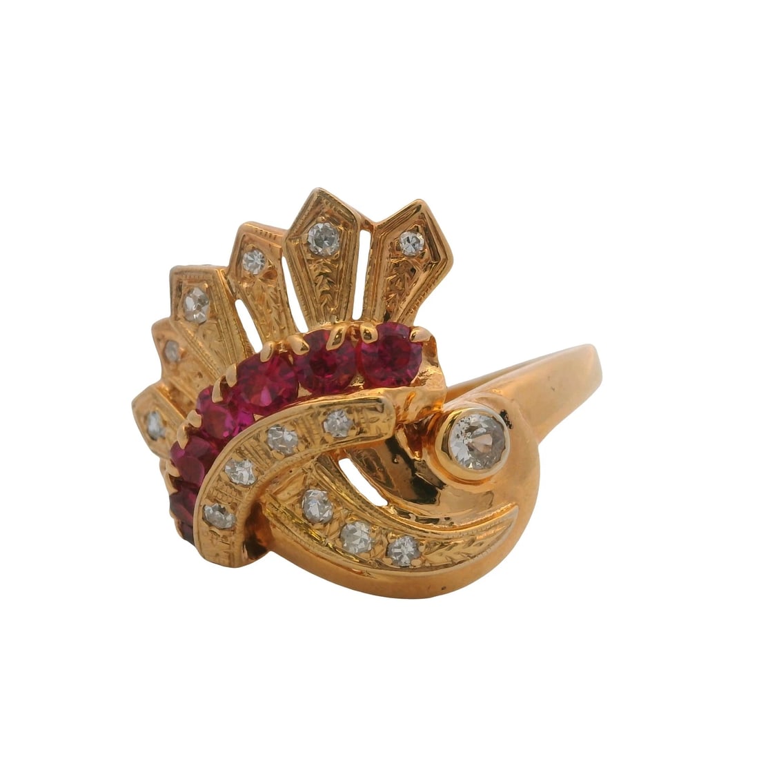 VINTAGE DIAMOND LAB RUBY CORNUCOPIA COCKTAIL RING - 2