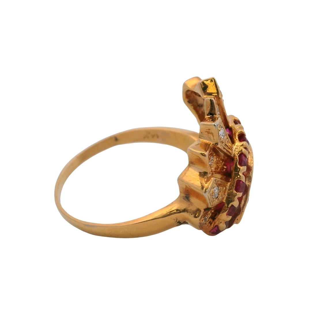 VINTAGE DIAMOND LAB RUBY CORNUCOPIA COCKTAIL RING - 7