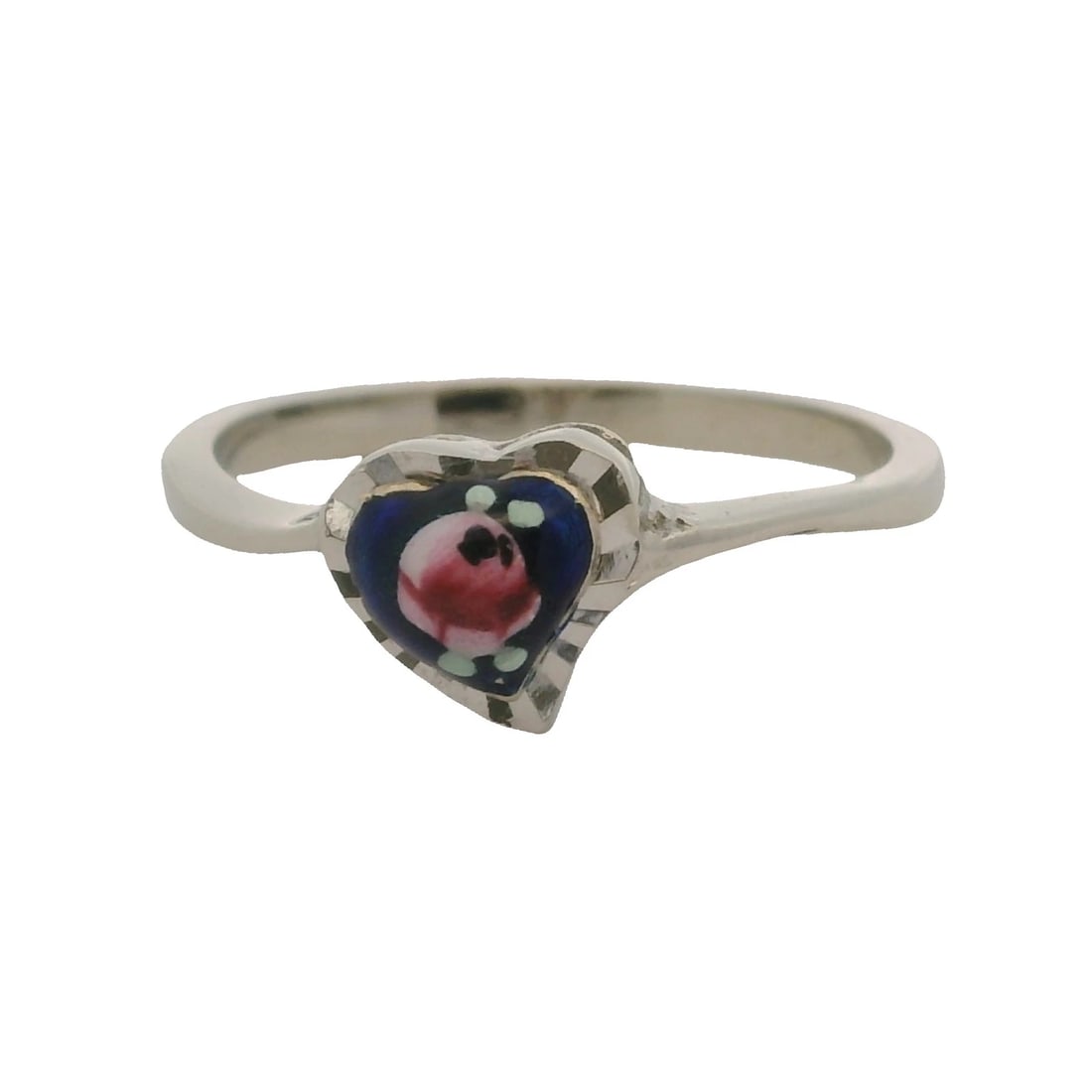 VINTAGE SOLID AND ENAMEL FLORAL HEART ROSE RING: Vintage Solid and Enamel Floral Heart Rose Ring Brand: Unbranded Type: Ring Material: White Color: White Gold 18k Size: 6 US Accessories: None Accessories Notice: When purchasing pre-owned