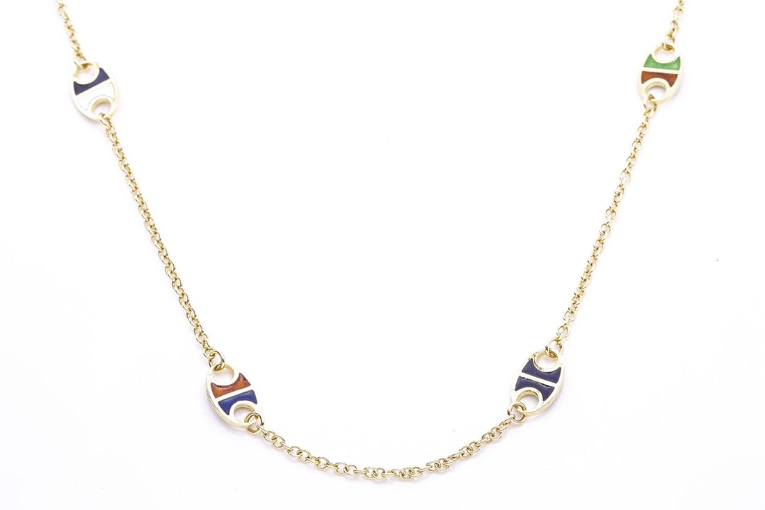 VINTAGE FABOR 18K 750 YELLOW GOLD ENAMEL CHAIN NECKLACE: Vintage Fabor 18k 750 Yellow Gold Enamel Chain Necklace Brand: Fabor Type: Chain Material: Yellow Color: Yellow Gold 18k Size: Length - 27" Width - 8.5mm Accessories: None Accessories Notice: