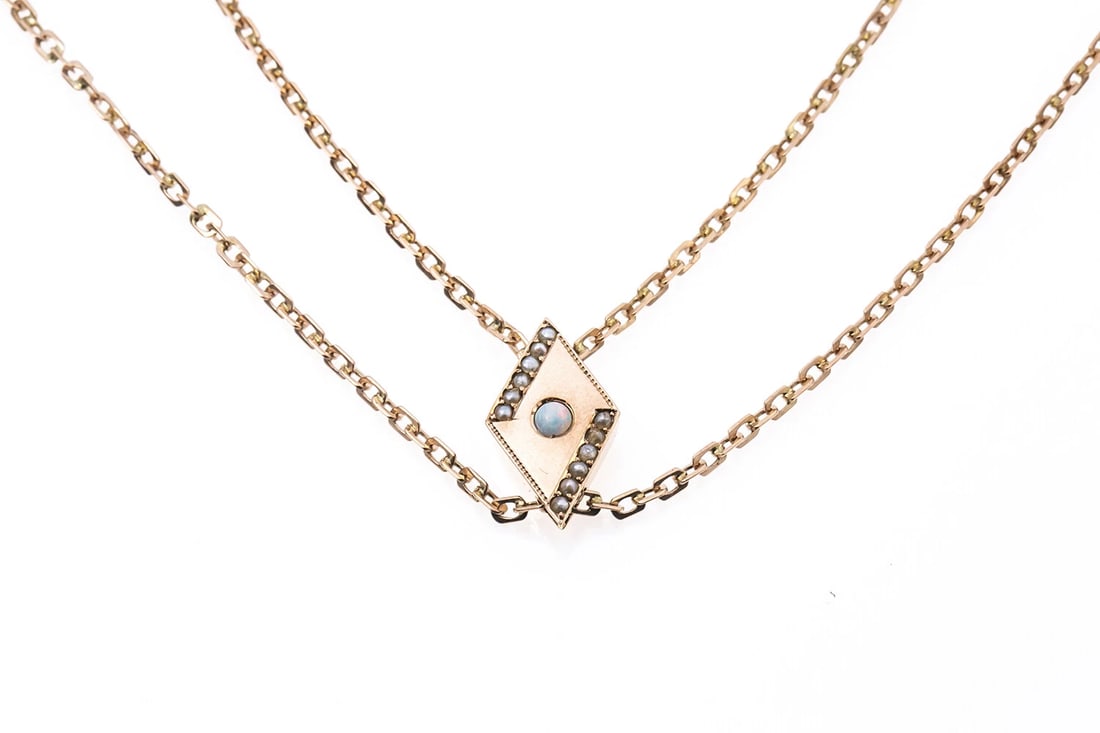VICTORIAN SEED PEARL & OPAL LONG SLIDE NECKLACE: Victorian Seed Pearl & Opal Long Slide Necklace Brand: Unbranded Type: Necklace Material: Rose Color: Rose Gold 9k Size: Length - 52" Width - 0.65" x 0.40" Accessories: None Accessories No