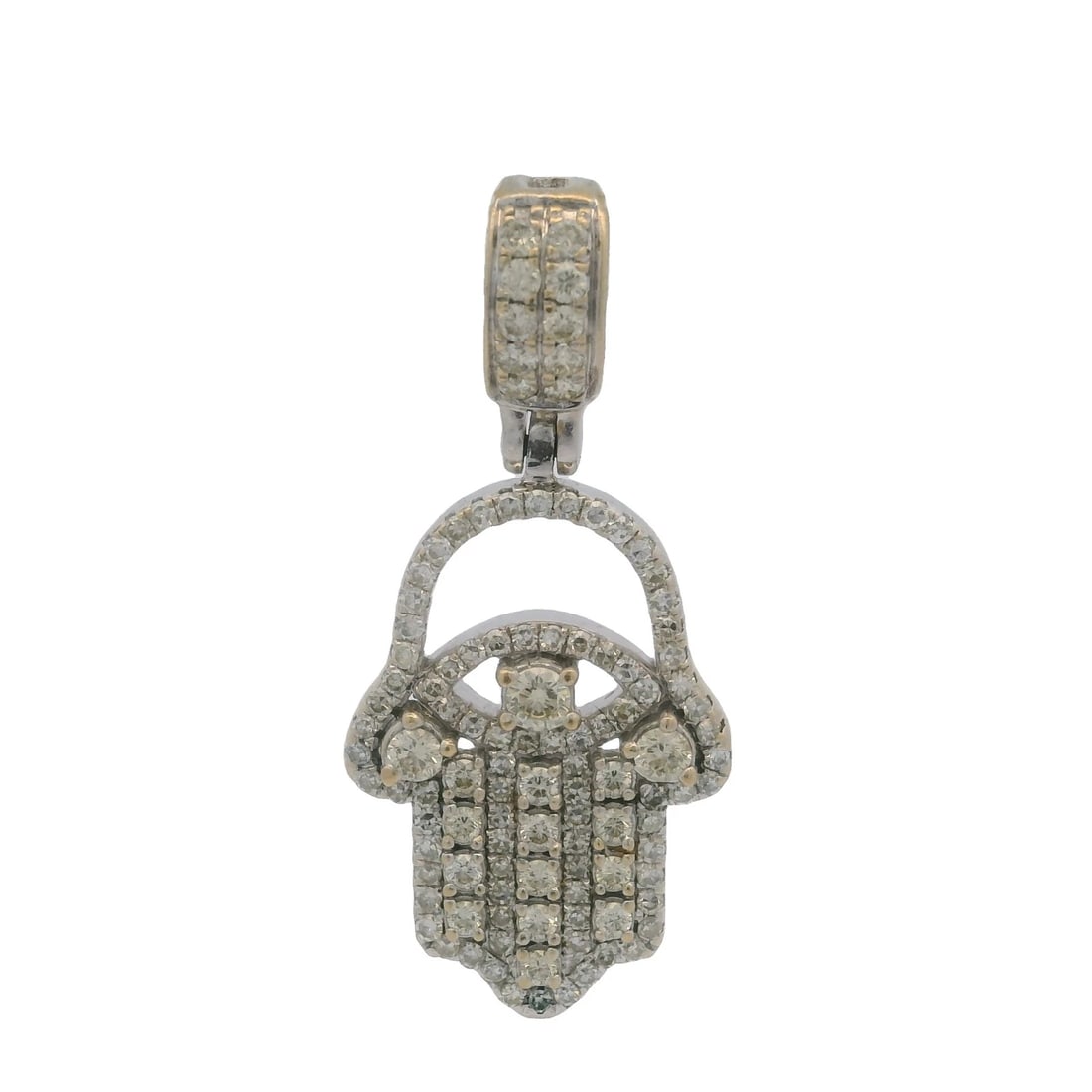 DIAMOND CLUSTER PAVE HAMSA HAND CHARM 14K 585 WHITE GOLD PENDANT: Diamond Cluster Pave Hamsa Hand Charm 14K 585 White Gold Pendant Brand: Unbranded Type: Charm(s) Material: White Main Stone Natural Color: White Gold 14k Size: Length x Width - 1.3" x 0.6" 