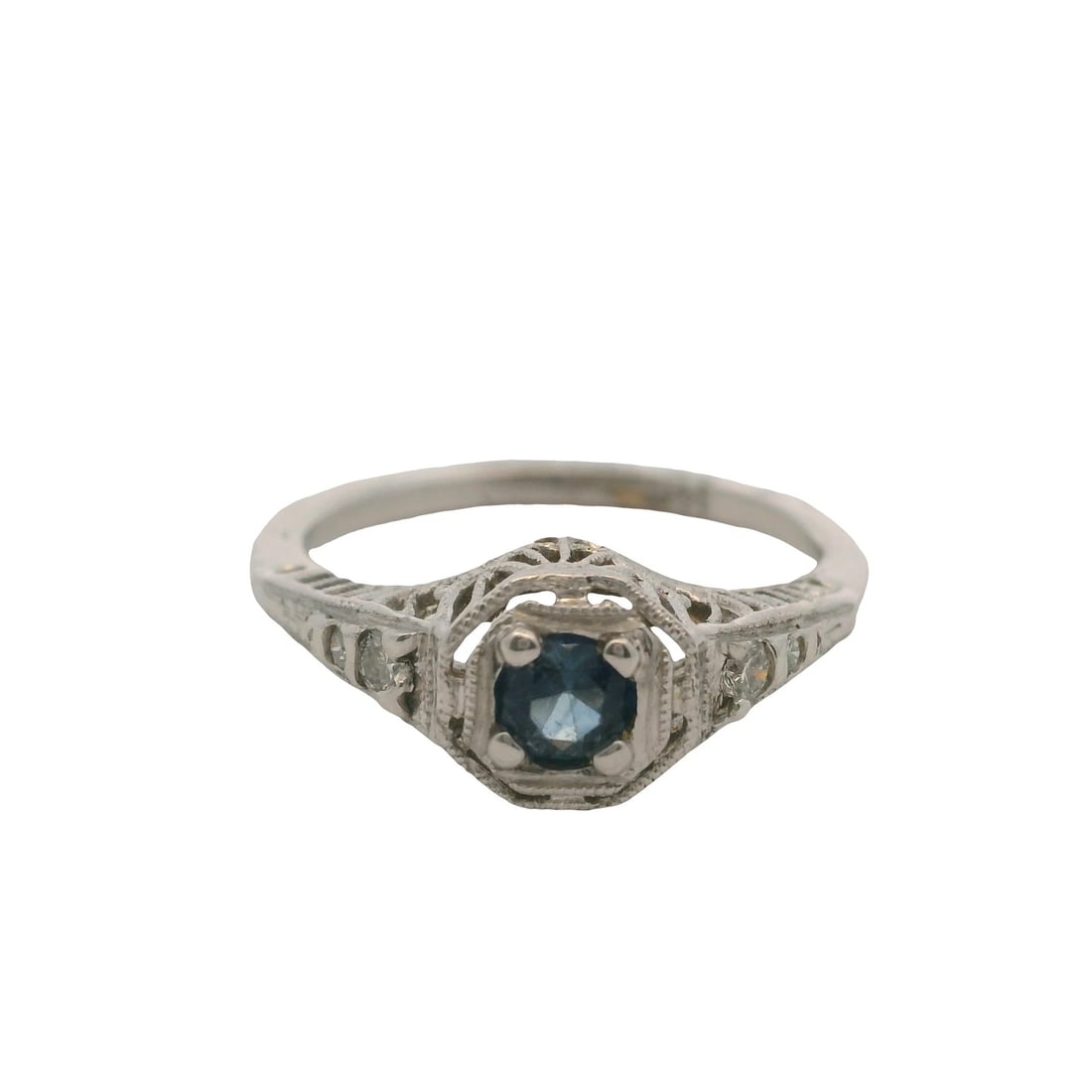 ANTIQUE 14KT WHITE GOLD SAPPHIRE AND DIAMOND RING (1 of 6)