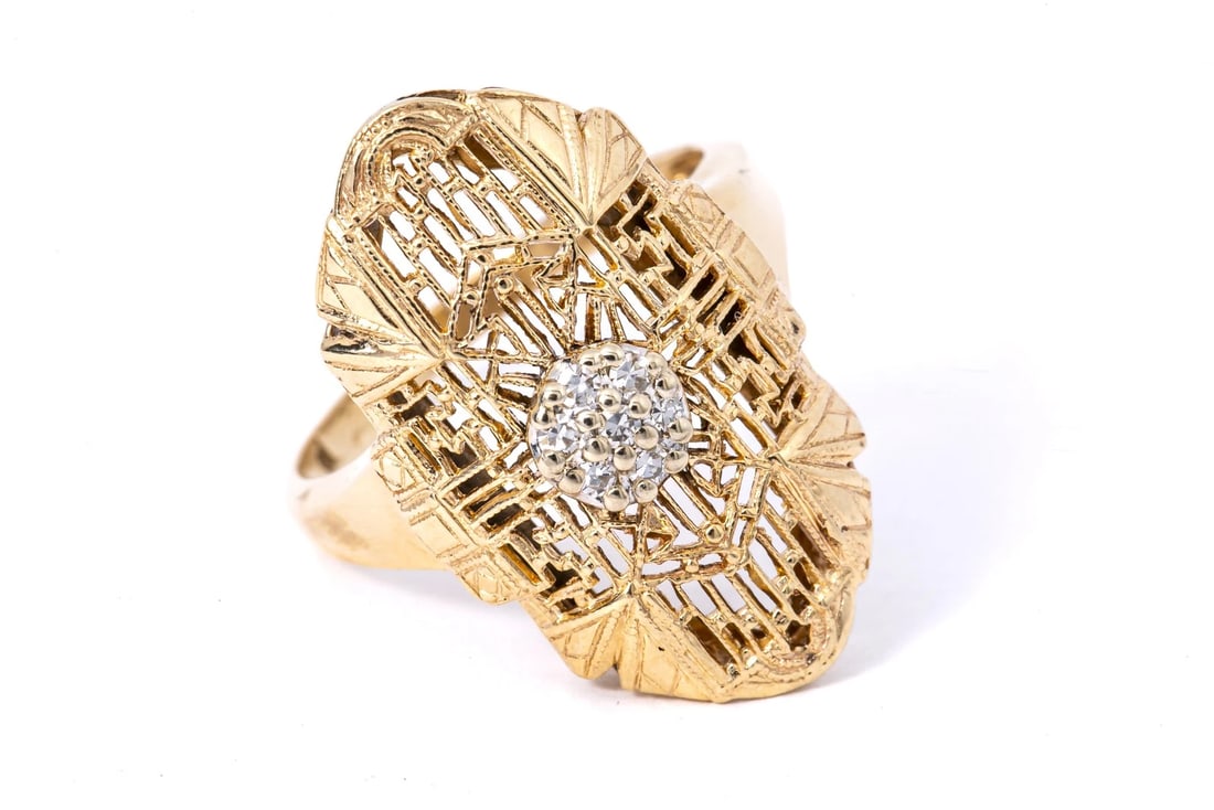 DECO REVIVAL DIAMOND FILIGREE SHIELD 14K YELLOW GOLD RING: Deco Revival Diamond Filigree Shield 14K Yellow Gold Ring Brand: Unbranded Type: Ring Material: Yellow Main Stone Natural Color: Yellow Gold 14k Size: 6 US Accessories: None Accessories
