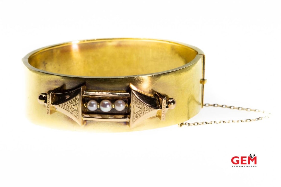 ANTIQUE VICTORIAN WIDE PEARL LOCK HINGED BANGLE 14K BRACELET (1 of 3)