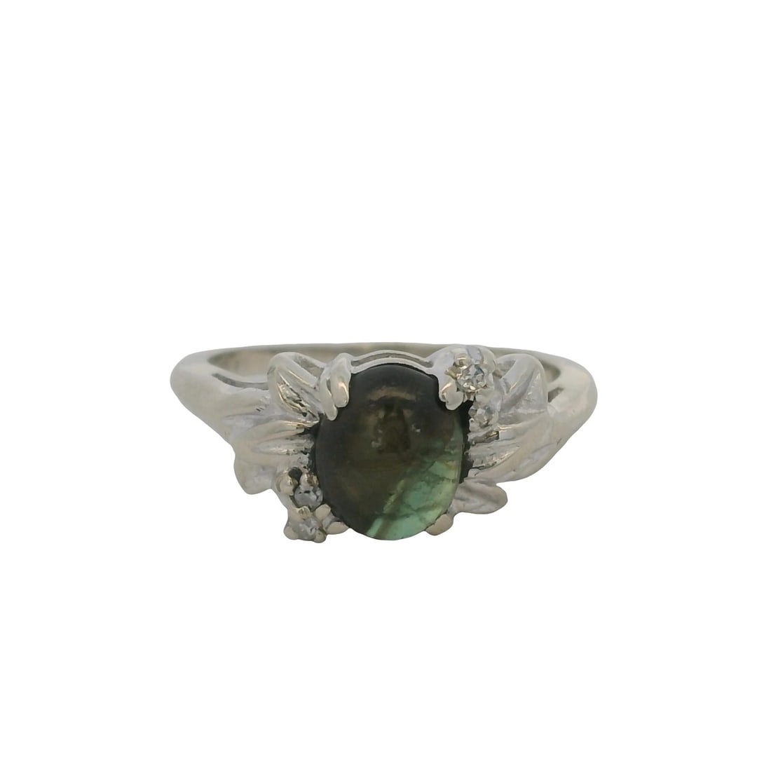 VINTAGE14KT GOLD RING CENTER CABOCHON GREEN STAR SAPPHIRE DIAMOND: Vintage14kt Gold Ring Center Cabochon Green Star Sapphire Diamond Brand: Unbranded Type: Ring Material: White Main Stone Natural Color: White Gold 14k Size: 5.5 US Accessories: None