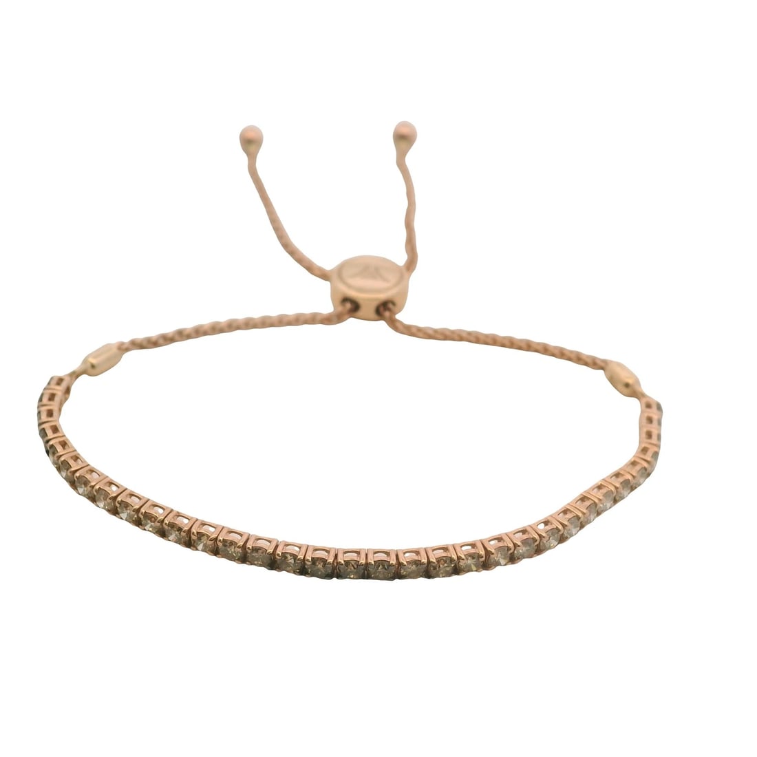 LEVIAN 14KT ROSE GOLD COGNAC DIAMOND TENNIS BOLO BRACELET: LeVian 14kt Rose Gold Cognac Diamond Tennis Bolo Bracelet Brand: LeVian Type: Bracelet Material: Rose Main Stone Natural Color: Rose Gold 14k Size: Length - 9.5" maximum Width - 2.8mm Accessories