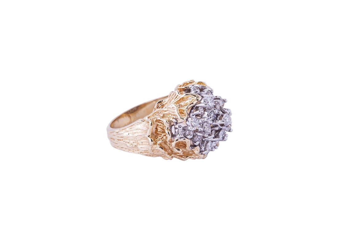 BRUTALIST HAMMERMAN BROS DIAMOND CLUSTER COCKTAIL RING: Brutalist Hammerman Bros Diamond Cluster Cocktail Ring Brand: Hammerman Bros Type: Ring Material: Main Stone Color Clear Main Stone Natural Color: Multi-Tone Gold 14k Size: 6 US Accessories: None