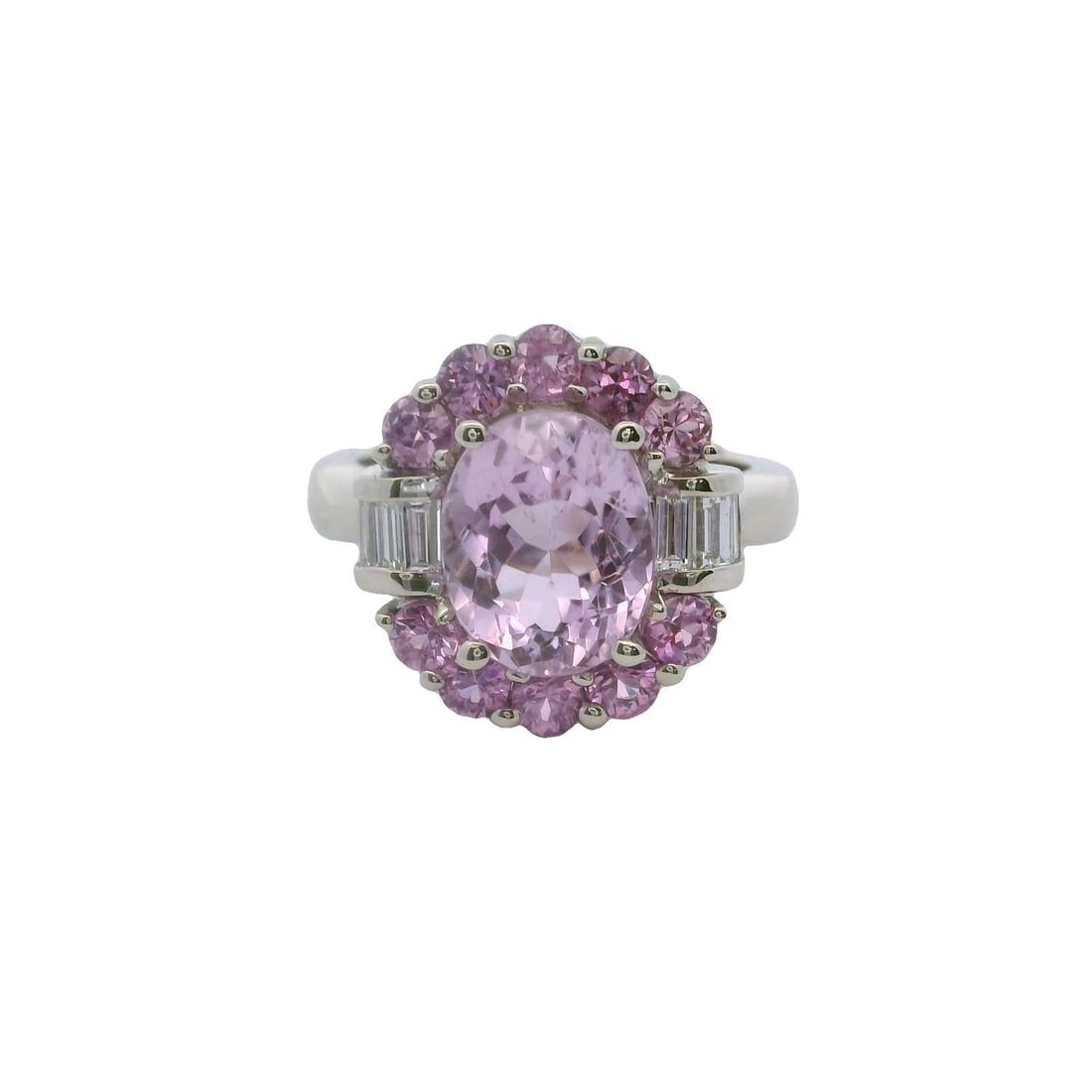 VINTAGE EFFY BITA 14KT WHITE GOLD KUNZITE DIAMOND HALO CLUSTER RING: Vintage Effy Bita 14kt White Gold Kunzite Diamond Halo Cluster Ring Brand: Effy Bita Type: Ring Material: White Color: White Gold 14k Size: 7 US Accessories: None Accessories Notice: When