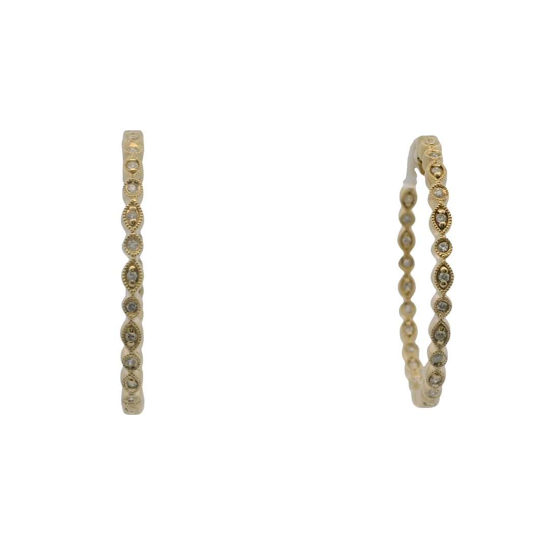 SOLID 14KT YELLOW GOLD AND DIAMOND INSIDE LONG HOOPS: Solid 14kt Yellow Gold and Diamond Inside Long Hoops Brand: Unbranded Type: Earrings Material: Yellow Main Stone Natural Color: Yellow Gold 14k Size: Length x Width - 1.30" x 0.10" 