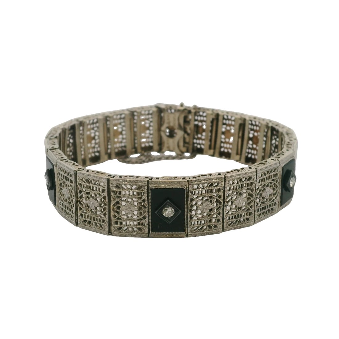 ANTIQUE WHITE MFG CO 14KT WHITE GOLD ONYX DIAMOND BRACELET (1 of 6)