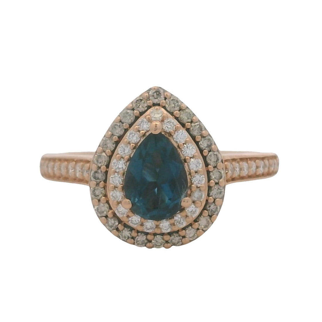 LEVIAN 14KT ROSE GOLD BLUE TOPAZ AND DIAMOND RING: LeVian 14kt Rose Gold Blue Topaz and Diamond Ring Brand: LeVian Type: Ring Material: Rose Color: Rose Gold 14k Size: 7 US Accessories: None Accessories Notice: When purchasing pre-owned