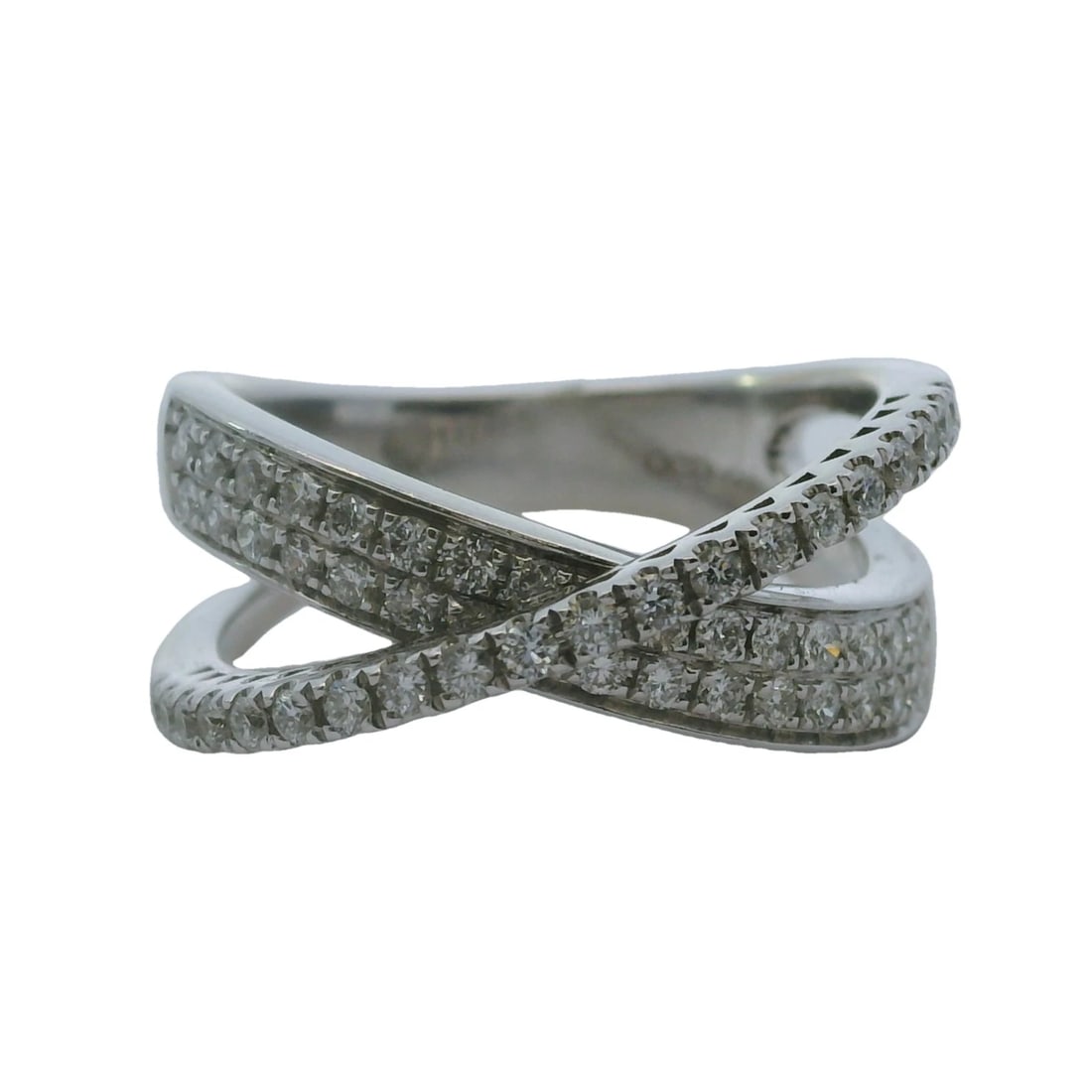 QCD 14KT WHITE GOLD AND DIAMOND CROSSOVER CLUSTER RING: QCD 14kt White Gold and Diamond Crossover Cluster Ring Brand: Quality Control Design Type: Ring Material: White Main Stone Natural Color: White Gold 14k Size: 7 US Accessories: None