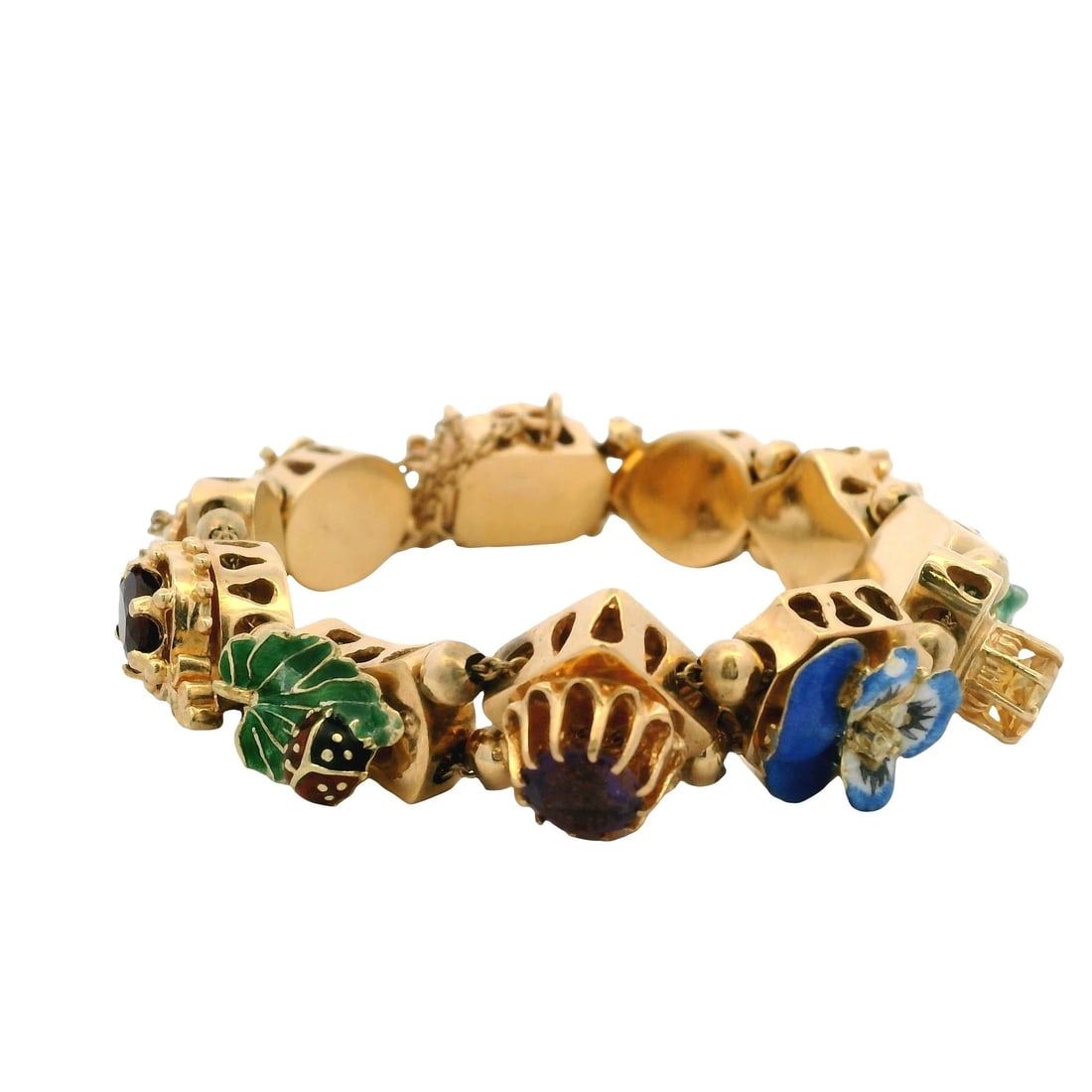 VINTAGE 14K YELLOW GOLD SLIDE FLORA FAUNA MULTI-GEMSTONE ENAMEL BRACELET: Vintage 14k Yellow Gold Slide Flora Fauna Multi-Gemstone Enamel Bracelet Brand: Unbranded Type: Bracelet Material: Yellow Color: 14k Yellow Gold Size: Length - 6.75" Width - 14mm Accessories: Non