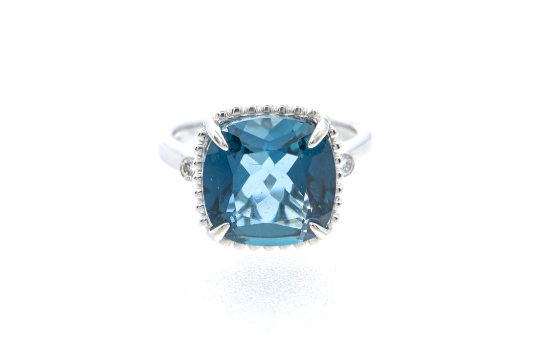 SNJ JEWELERS 14KT WHITE GOLD CUSHION CUT BLUE TOPAZ RING DIAMONDS (1 of 6)