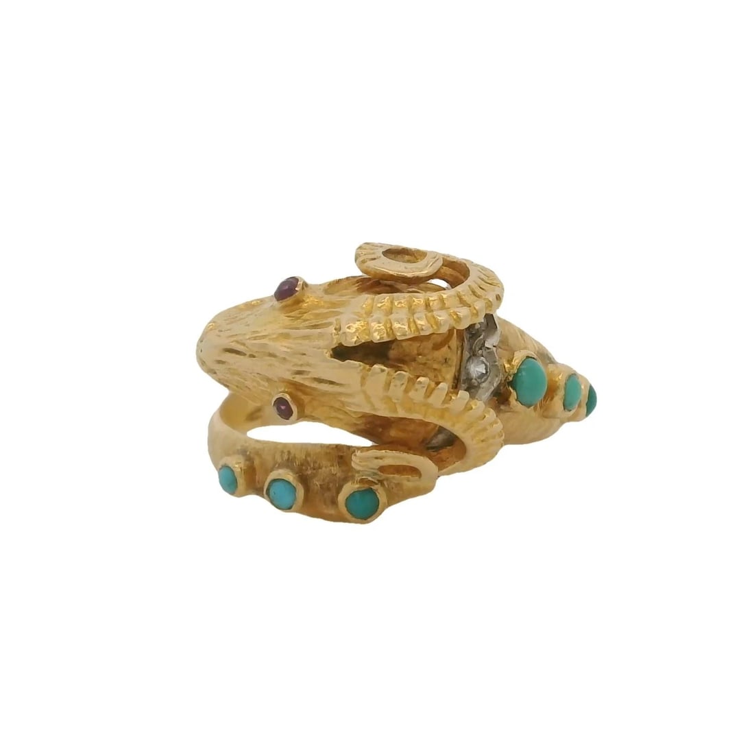 VINTAGE 18KT YELLOW GOLD RAM'S HEAD RING TURQUOISE DIAMONDS (1 of 8)
