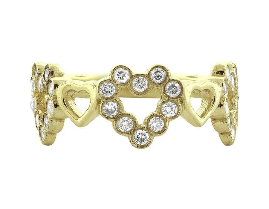 LADIES 10K YELLOW GOLD THREE HEART FRAMES LOVE GENUINE DIAMOND RING: Ladies 10K Yellow Gold Three Heart Frames Love Genuine Diamond Ring Brand: None Type: Ring Material: Metal Yellow Gold Main Stone Natural Color: None Size: 5 US Accessories: None Accessori