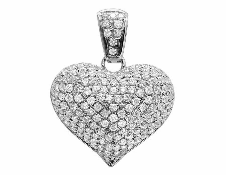 LADIES 14K WHITE GOLD PUFF ICED GENUINE DIAMOND HEART PENDANT: Ladies 14K White Gold Puff Iced Genuine Diamond Heart Pendant Brand: None Type: Necklace Material: Metal White Gold Main Stone Natural Color: White Gold Size: Dimension 1.0" Accessories: None