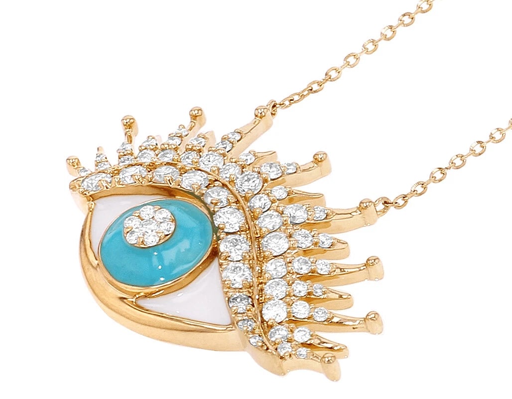 WOMEN'S EVIL EYE REAL DIAMOND STUDDED LASHES PENDANT NECKLACE: Women's Evil Eye Real Diamond Studded lashes Pendant Necklace Brand: None Type: Pendant Material: Metal Yellow Gold Main Stone Natural Color: None Size: Width 1.2mm Length 18" in Accessories: Non