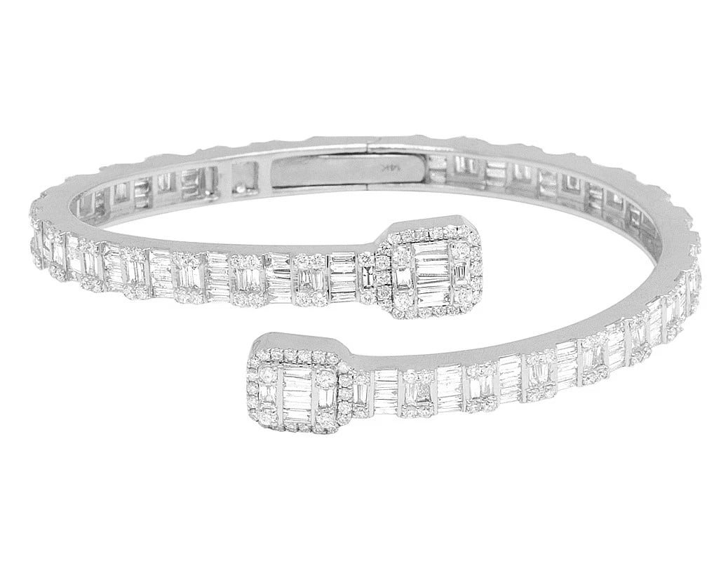 14K WHITE GOLD MEN LADIES REAL DIAMOND BAGUETTE SQUARE BANGLE BRACELET (1 of 3)