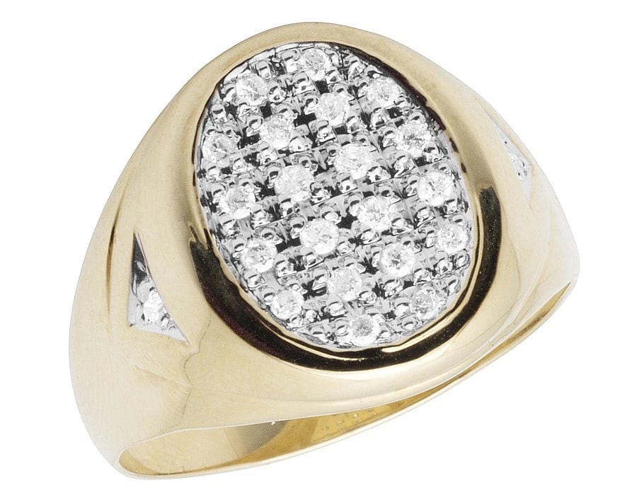 MEN'S 10K YELLOW GOLD OVAL SHAPE TOP GENUINE DIAMOND PINKY RING: Men's 10K Yellow Gold Oval Shape Top Genuine Diamond Pinky Ring Brand: None Type: Ring Material: Metal Yellow Gold Main Stone Natural Color: None Size: 10 US Accessories: None Accessories
