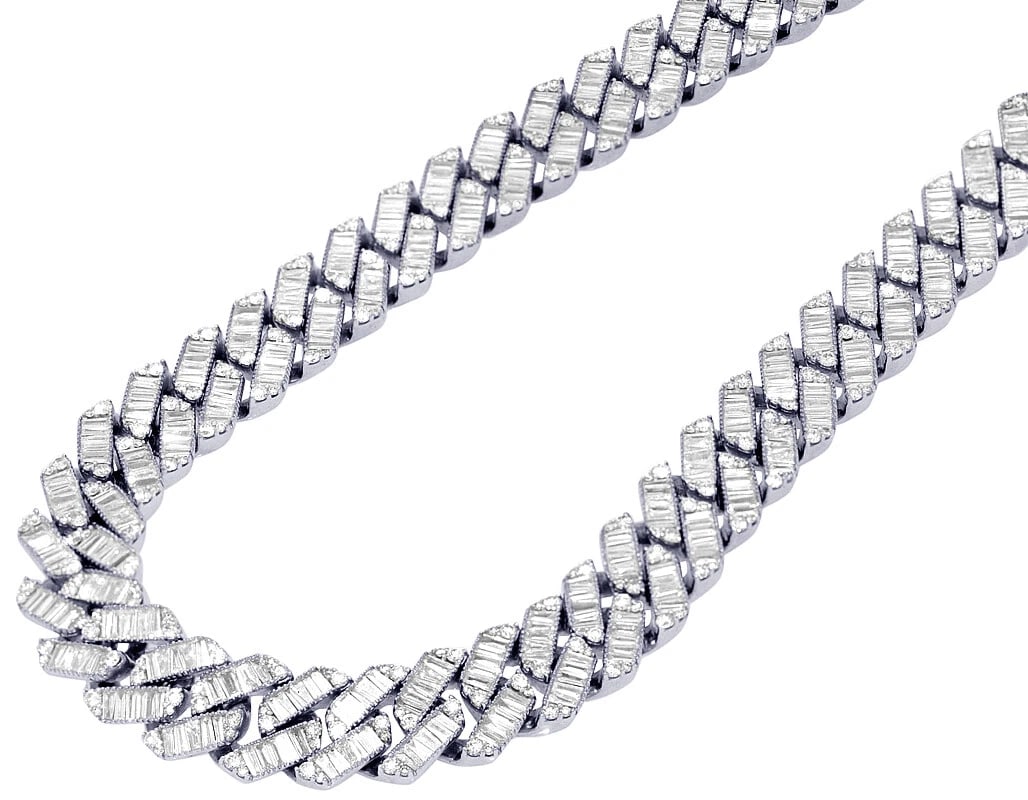 BAGUETTE GLASS CUBAN REAL DIAMOND NECKLACE: Baguette Glass Cuban Real Diamond Necklace Brand: None Type: Necklace Material: Metal White Gold Main Stone Natural Color: White Gold Size: Necklace Length16" Accessories: None Accessories