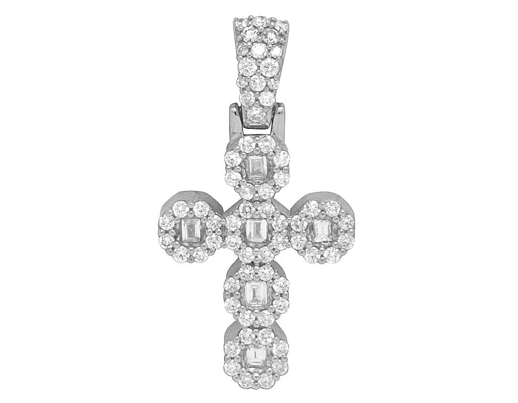 10K WHITE GOLD BAGUETTE HALO REAL DIAMOND CROSS PENDANT: 10K White Gold Baguette Halo Real Diamond Cross Pendant Brand: None Type: Necklace Material: Metal White Gold Main Stone Natural Color: White Size: Dimension 1.1" Accessories: None Accesso