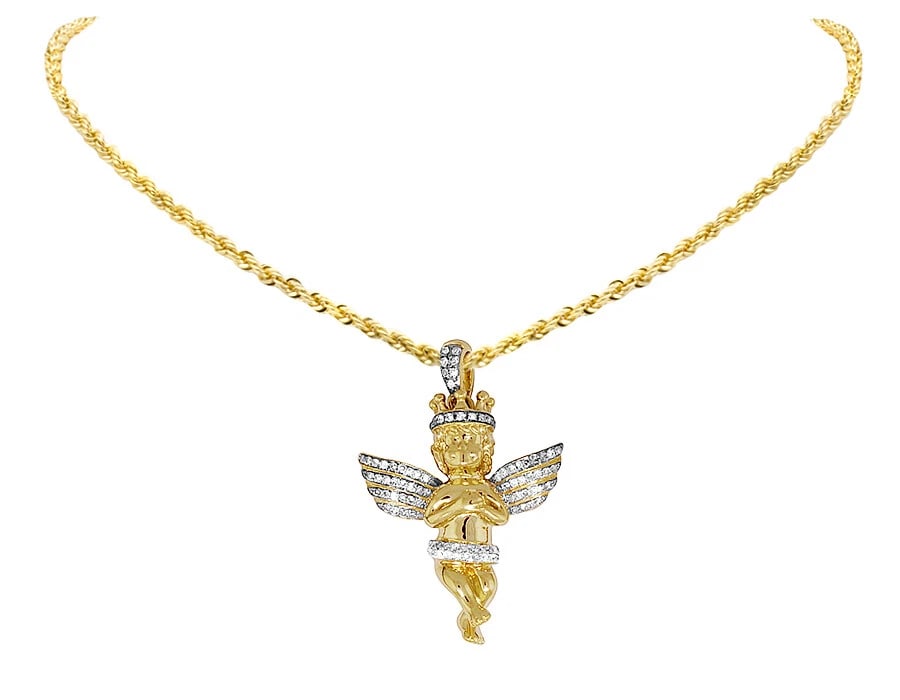 UNISEX 10K YELLOW GOLD REAL DIAMOND MINI ANGEL CROWN PENDANT CHARM (1 of 6)