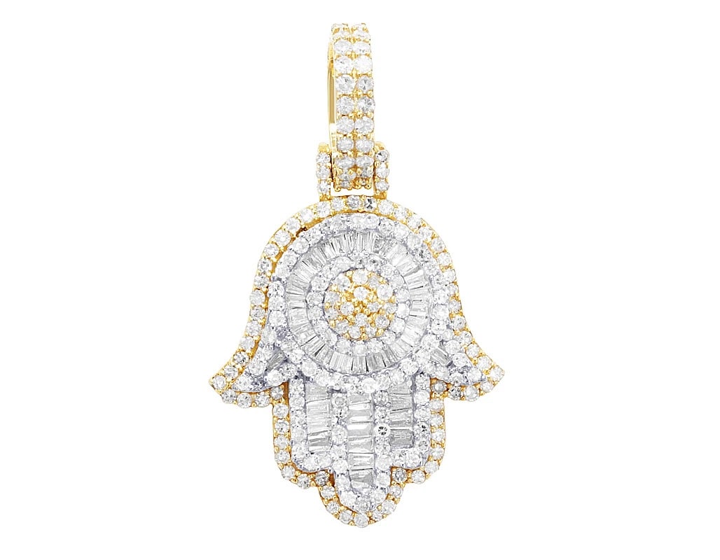 BAGUETTE REAL DIAMOND HAMSA CHARM PENDANT: Baguette Real Diamond Hamsa Charm Pendant Brand: None Type: Pendant Material: Metal Yellow Gold Main Stone Natural Color: Yellow Gold Size: Dimension L 1.1" , W 0.7" , H 0.2" Accessories: None