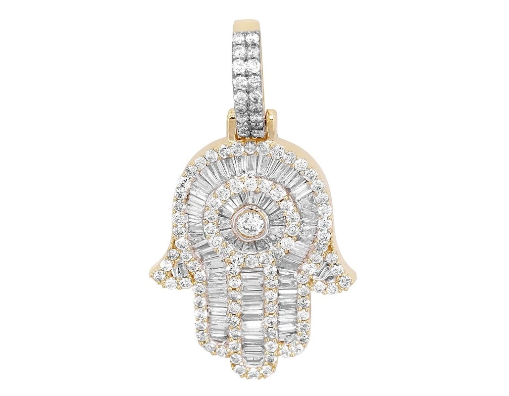 UNISEX REAL BAGUETTE DIAMOND HAMSA PENDANT: Unisex Real Baguette Diamond Hamsa Pendant Brand: None Type: Necklace Material: Metal Yellow Gold Main Stone Natural Color: Yellow Gold Size: Dimension L 1.6" x W 0.6" x H 5MM Accessories: None