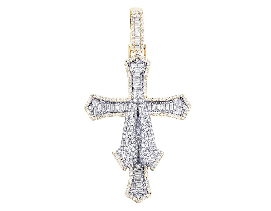 PRAYING HANDS BAGUETTE REAL DIAMONDS CROSS PENDANT (1 of 2)