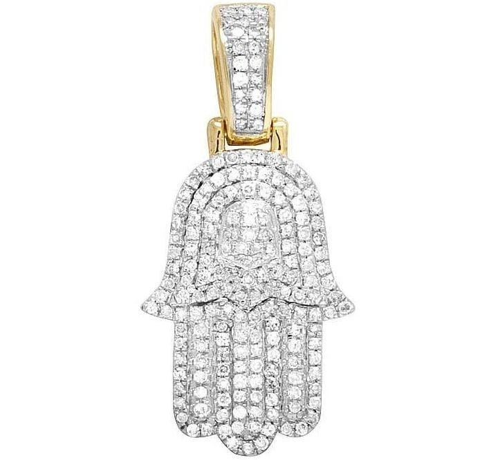 10K YELLOW GOLD GENUINE DIAMOND ICED HAMSA HAND PENDANT CHARM: 10K Yellow Gold Genuine Diamond Iced Hamsa Hand Pendant Charm Brand: None Type: Necklace Material: Metal Yellow Gold Main Stone Natural Color: Yellow Gold Size: Dimension 1.25" Accessories: None
