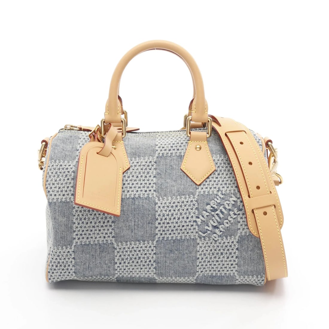 LOUIS VUITTON SPEEDY BANDOULIÈRE 25 DAMIER DENIM HANDBAG HANDBAG: LOUIS VUITTON Speedy Bandoulière 25 Damier Denim Handbag Handbag Brand: LOUIS VUITTON Type: Handbag Material: Exterior MaterialDenim Leather Color: Exterior Color Blue Size: Dimensions: WW (top):